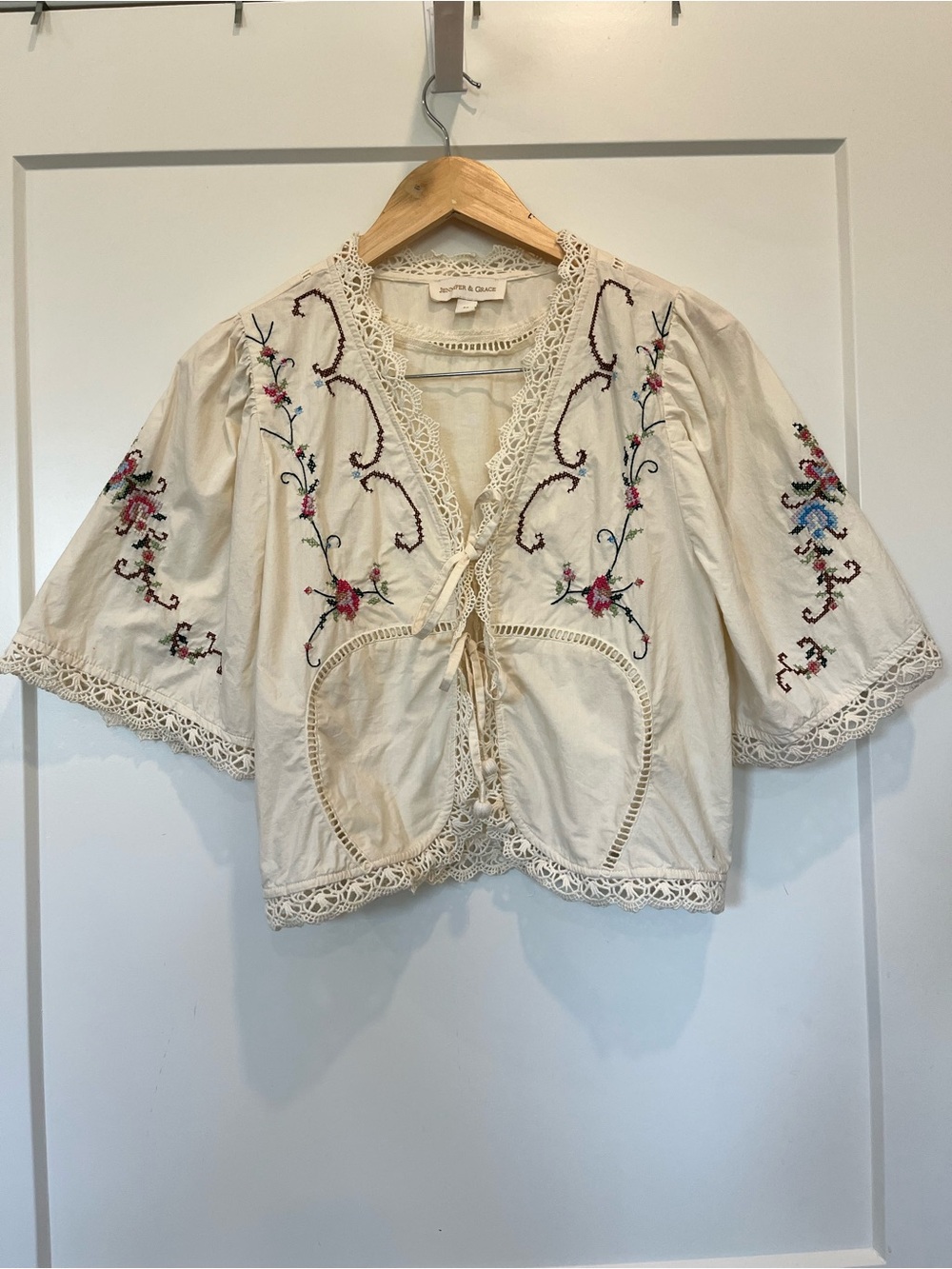 Jennifer & Grace Embroidered Crochet Floral Boho Cottagecore Peasant cotton top